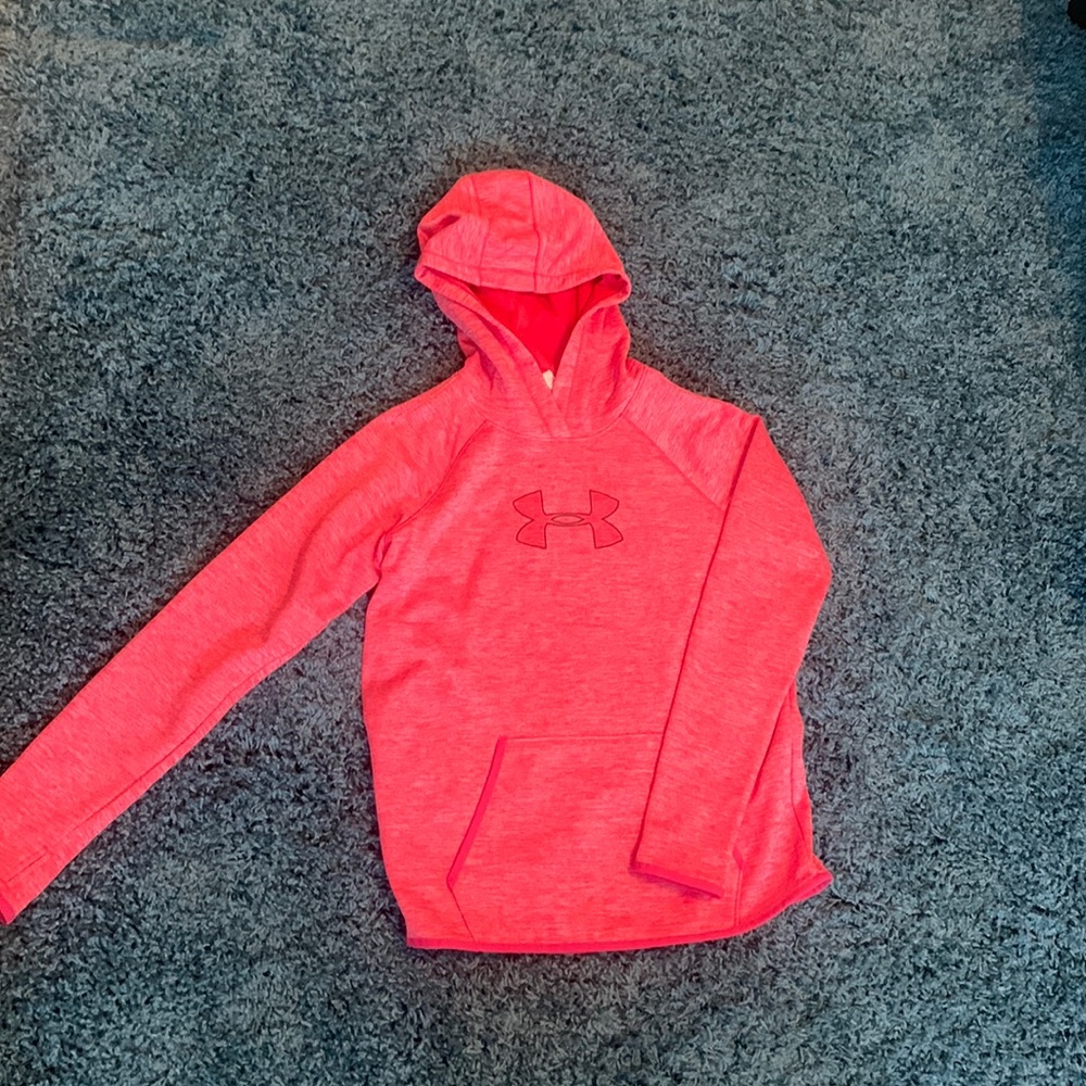 Heathered Pink Under Armor hoodie.
